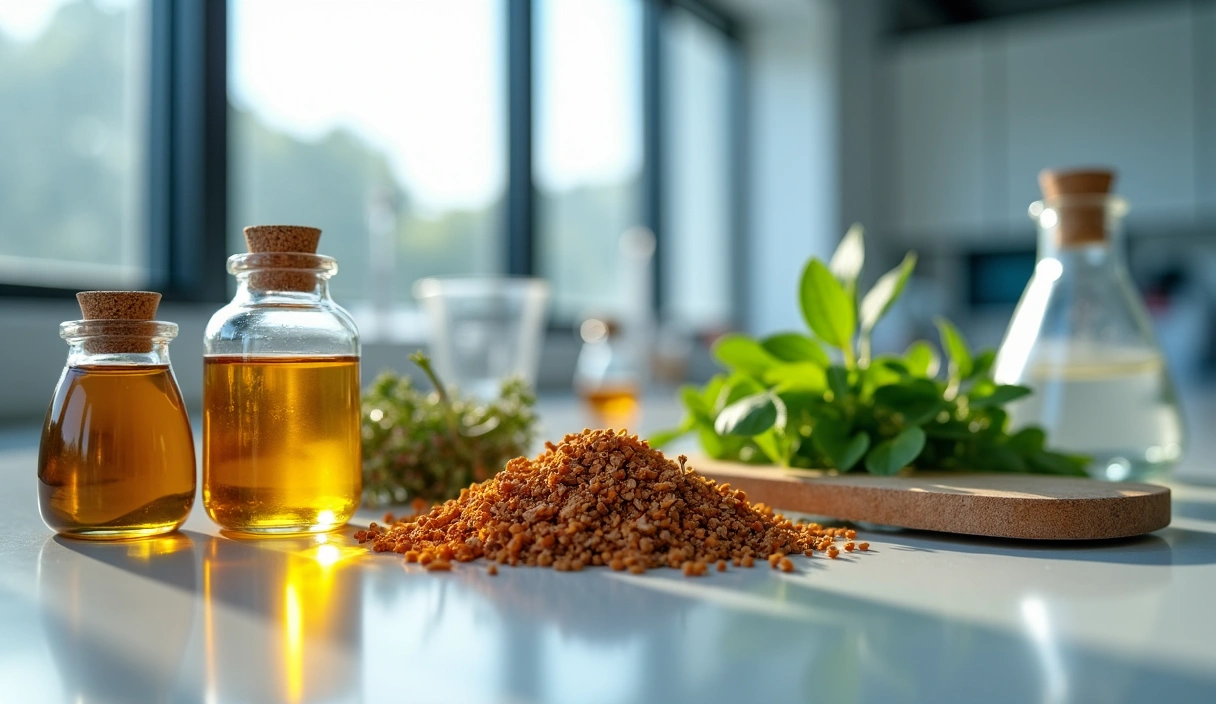 Dettaglio di erbe officinali essiccate di alta qualità in un laboratorio pulito