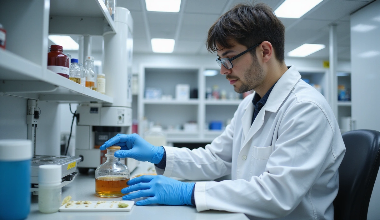 Scienziato che esegue test di laboratorio su estratti vegetali con attrezzature moderne