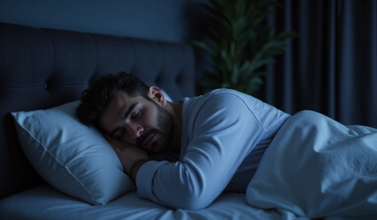 Uomo che dorme pacificamente nel suo letto, che rappresenta un sonno di qualità