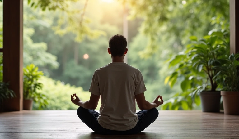 Uomo che medita in un ambiente sereno, che rappresenta la gestione dello stress