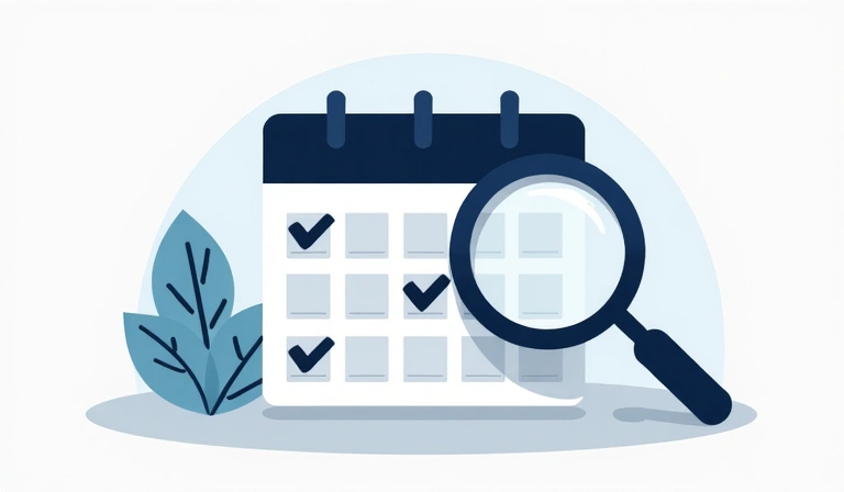 Illustrazione di un calendario e una lente d'ingrandimento che simboleggiano gli aggiornamenti e la revisione delle politiche
