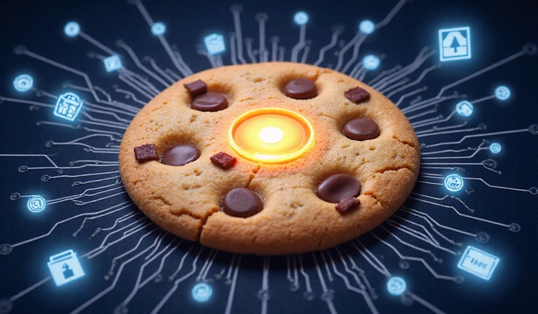 Illustrazione di un biscotto digitale con icone che rappresentano la privacy e la sicurezza dei dati