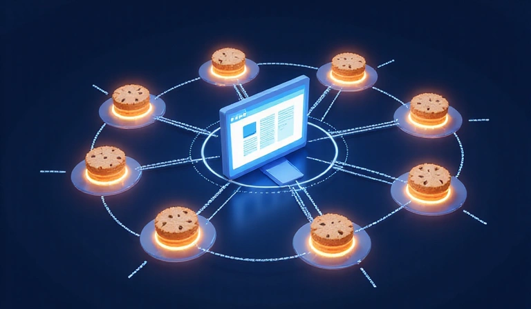 Illustrazione che rappresenta l'interazione tra un sito web e servizi di terze parti tramite cookie