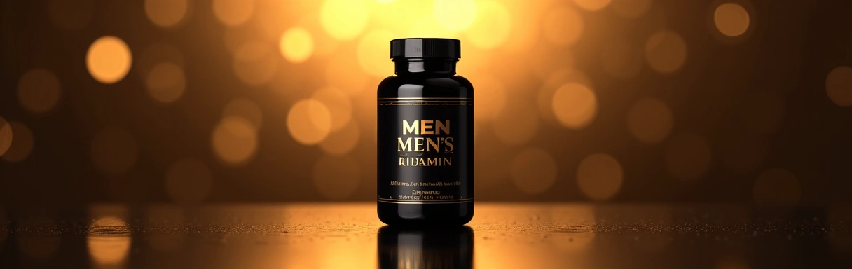 Premium men's vitamin bottle with golden accents on a luxurious background