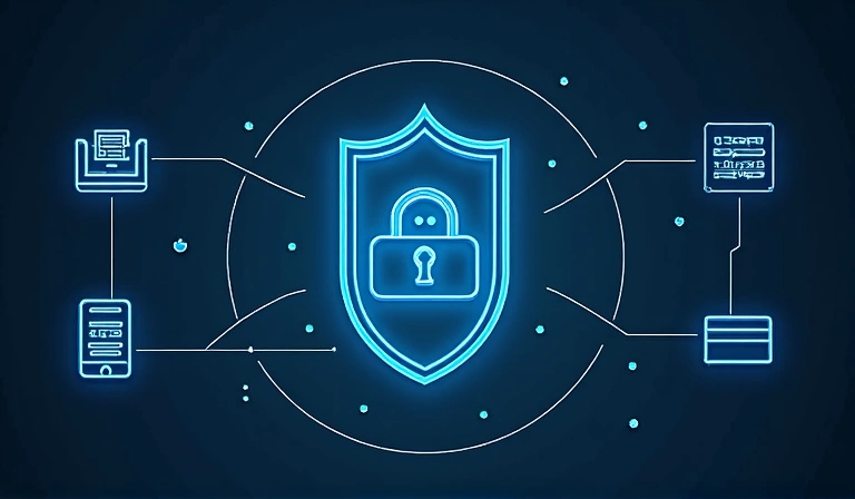 Icone di dati: nome, email, indirizzo, telefono, carta di credito, browser, IP, tutto protetto da uno scudo.