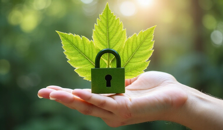 Mano che tiene una foglia verde con un lucchetto stilizzato, a simboleggiare la cura della privacy e della natura.